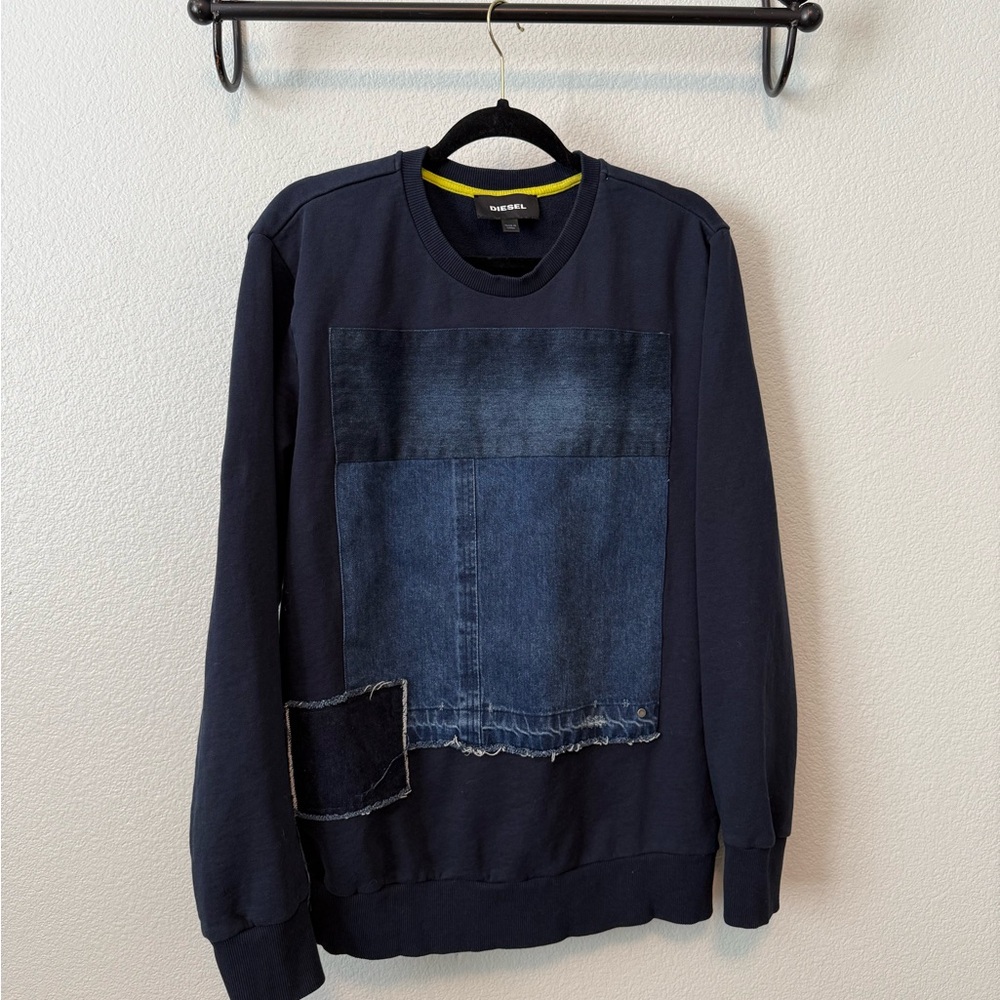 Diesel Blue Crewneck Sweater with Denim Accents
